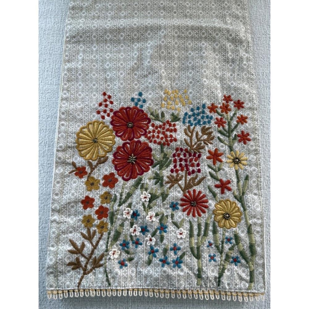Vintage Pier 1 Floral Beaded Table Runner Dresser Scarf Linen Garden